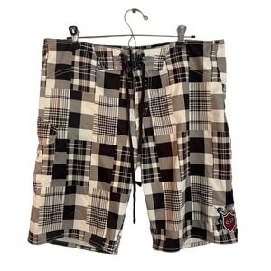 Fox Riders Swim Trunks Size 36 Black White Plaid Tie Closure Shorts